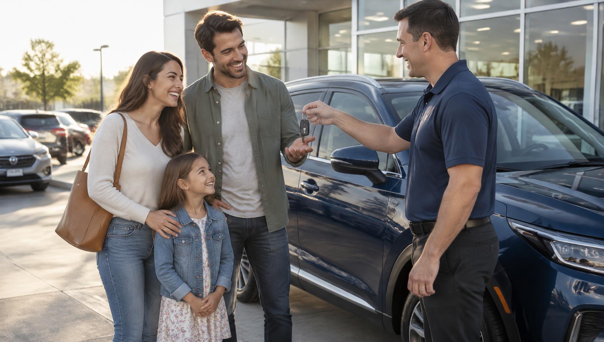 A family receiving the keys to their new vehicle